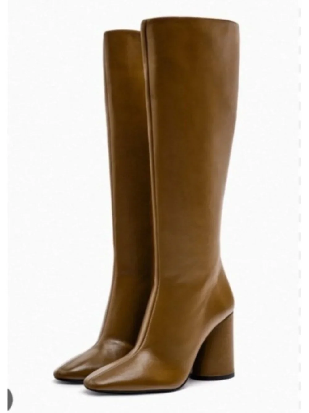 ZARA Camel Brown Leather Knee High Boots Block Heel Square Toe Women's EU 40US 9